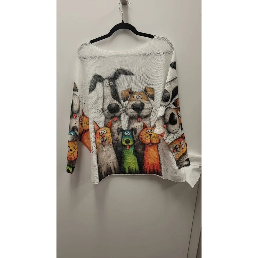 L11 Loowie Dogs Cats Round Neck Knit Printed Sweater One Size